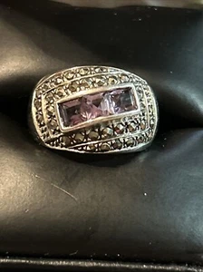 Sterling Silver 925 Amethyst Marcasite Dome Ring 6-3/4 - Picture 1 of 15