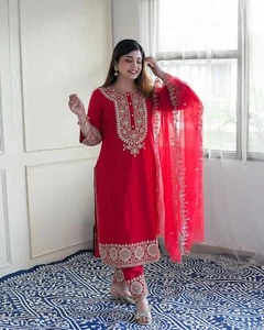 Conjunto Diwali Navratri Festival Wear Palazzo Kurta Rojo Salwar Kameez Top Listo para Hacer - Imagen 1 de 7