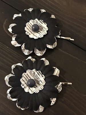 Handmade Black Cream Paper Flower Hair Pin With Wood Button Center Set Accessory - Image 1 of 4