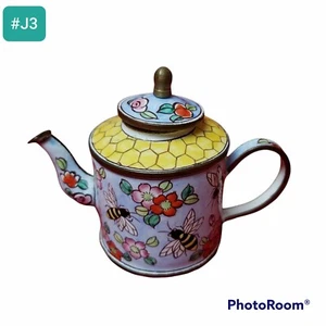 Miniature enameled teapot beehive flowers enamel on copper - Picture 1 of 7