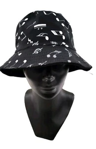 Sombrero Bucket Negro Blanco Estampado Notas Musicales 100% Algodón Sombrilla Reversible - Imagen 1 de 3