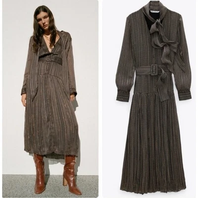 ZARA Blogger Favorite Printed Midi Dress Large Langarm *Gürtel fehlt - Bild 1 von 4