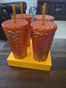 Set Of 4 Mainstays 26-Ounce Plastic Tumbler with Straw Orange Iridescent - Picture 1 of 6