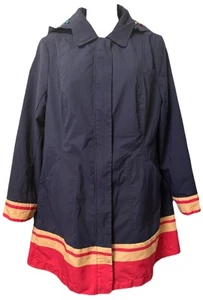 Chicos Rain Jacket Women’s Size 1 Navy Pink Pleated Stripe Hem Nautical Boats - Picture 1 of 13