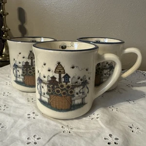 3 Vintage Buckeye Steinzeug Kaffeetassen Tassen Garten Bienenstock Korb Vogelhaus USA - Bild 1 von 4