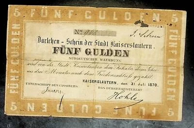 1879 pre German Empire KAISERSLAUTERN 2 GULDEN banknote - Image 1 of 2