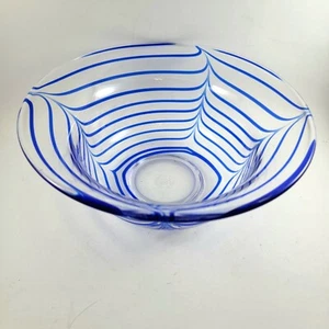 Murano Bowl Blue Swirl Signed M Large Blue and Clear Whirl/Stripe 11 3/4 Dia. - Picture 1 of 5