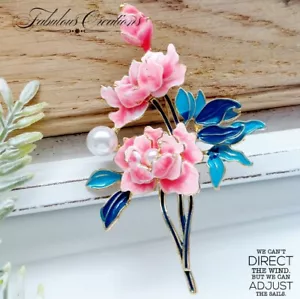 Pink Peony Flower Brooch Vintage Deco Look Enamel Sakura Pin Jewellery Gift - Picture 1 of 4