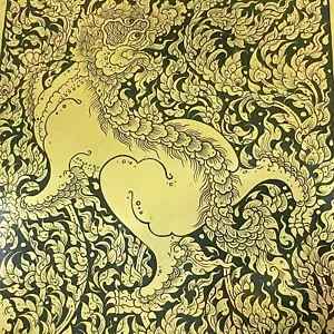Thai Gold Lacquer Singh Painting Wood Detailed Exquisite Hand Painted 11 in - Picture 1 of 17