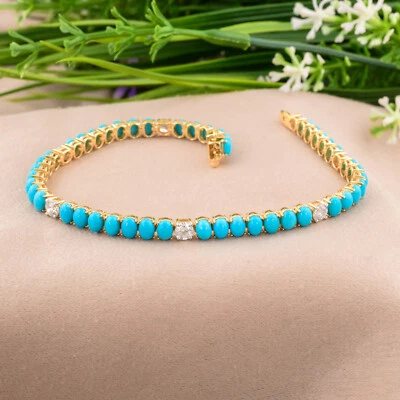 8.41 Tcw Natural H/SI Diamond Arizona Turquoise Oval Bracelet 18k Yellow Gold - Image 1 of 4