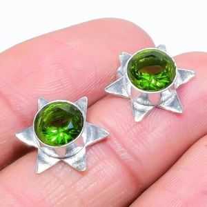 Green Peridot Gemstone 925 Sterling Silver Jewelry Stud Earring Size 0.65" - Picture 1 of 1