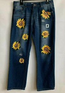 Misslook Jeans Blau Denim Sonnenblumen Blumenmuster Gerades Bein Reißverschluss Knopf Gr. S - Bild 1 von 9