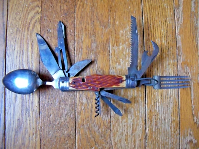 Vintage Bone Handle Hobo Camp Knife Multi-Tool (11 Tools) Japan w/ Leather case - Image 1 of 4