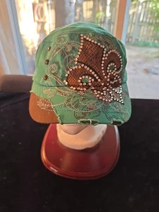 KBETHOS Womens Bling Embroidered Fleur De Lis Hat Cap Distressed Turquoise/Brn - Picture 1 of 7