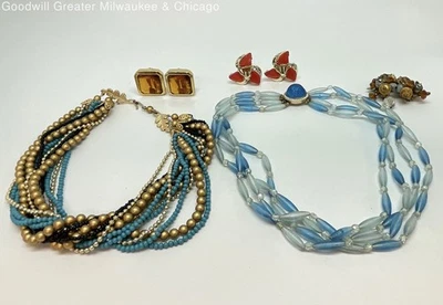 Vintage Gold Tone Blue & Orange Crystal Faux Pearl Lucite Costume Jewelry 172.0g - Image 1 of 4