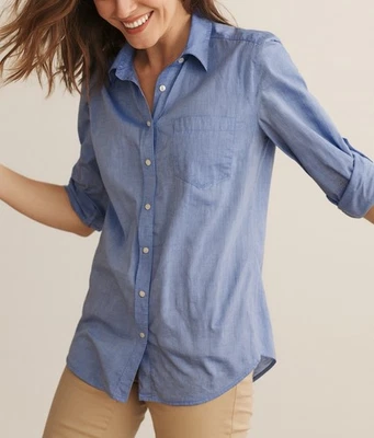 Ann Taylor Petite L Blue Fine Cotton Roll Tab Sleeve Classic Shirt Lightweigth - Image 1 of 4