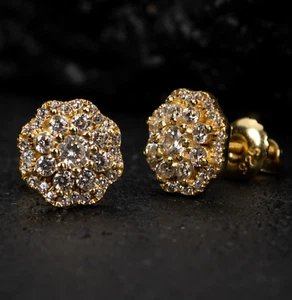 Pendientes de tachuelas Hip Hop helados oro amarillo plata esterlina racimo de flores hip hop - Imagen 1 de 5