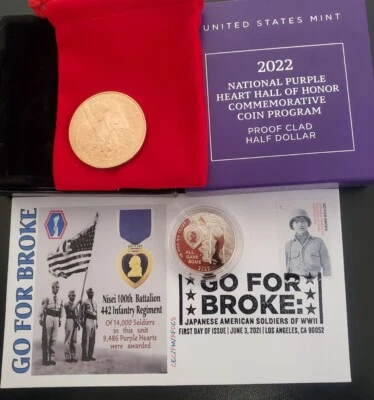USA Japanese Nisei Go for Broke medal & USA 2022 💜 1/2 Dollar Proof Clad coin - Image 1 of 4