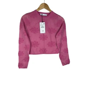 ZARA PINK SEMI SHEER TOP WOMENS CROP SWEATER FLORAL MESH KNIT LONG SLEEVE SMALL - Picture 1 of 8