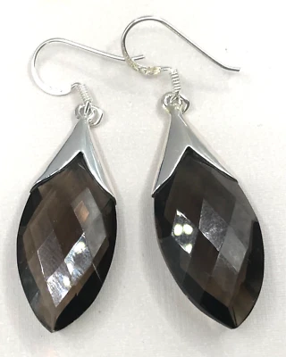 Smokey quartz marquise drop earrings solid Sterling Silver large 50mm total, box Foto 1 de 4