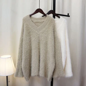 Suéter jersey tejido de piel sintética cuello en V suelto de moda coreana para mujer - Imagen 1 de 18