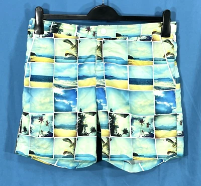 PENGUIN By MUNSINGWEAR Blue PALM TREES/BEACH Lined SWIM TRUNKS Board Shorts 32 - Image 1 of 4