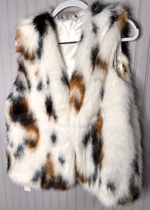 Odiva Women CALICO FUR VEST 1X White Black Brown Fur Pockets Lined MEOW NEW - Picture 1 of 11