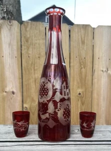 Egermann Bohemian Czech Ruby Red Engraved Cut- to -Clear Decanter + 2 cups - Picture 1 of 10