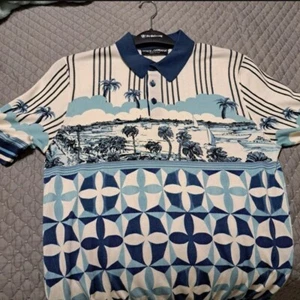 DOLCE & GABBANA Gio Ponti Design Palm Silk Polo Shirt T-Shirt Blue White - Picture 1 of 4