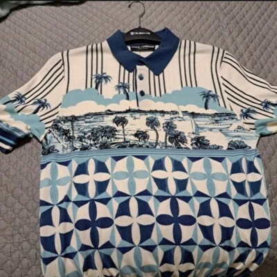 DOLCE & GABBANA Gio Ponti Diseño Palma Seda Polo Camiseta Azul Blanco Foto 1 de 4