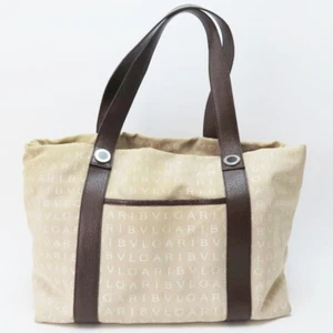 M04-k113 BVLGARI Logomania Canvas/Leather Tote Bag with Pouch Beige/Brown - Picture 1 of 10