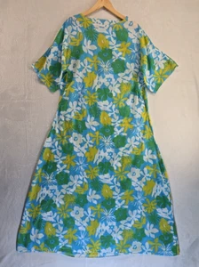 Vintage 60s Maxi House Dress Size Medium Gown Duster Yellow Blue Floral Muumuu - Picture 1 of 11