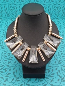 Striking Modern Gold Tone & Clear Glass Beaded Fringed Bib Chain Necklace - Picture 1 of 16