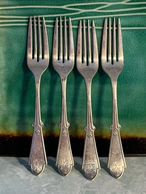 ANTIGUO TENEDOR DE CAÑA Y BARTON PAT. LOTE DE (4) PLACAS DE PLATA 1869-1871 JUEGO RARO Foto 1 de 4