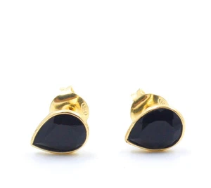 Gold Plated Black Onyx Silver Stud Earring Solid 925 Sterling Silver Jewelry - Picture 1 of 4