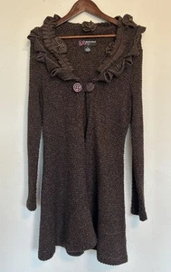 Y2K Peck Long Duster Floral Ruffle M Fairy Grunge Cottagecore Brown Cardigan - Picture 1 of 10