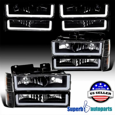 Fit 1994-1998 GMC C10 C/K 1500 2500 3500 Black Headlights Bumper Lamps LED Strip - Imagem 1 de 4