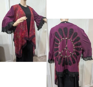Upcycled Scarf Cardigan Open Duster Applique Peace Sign Flower Paisley Size L - Picture 1 of 12
