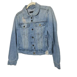 Bagatelle Women Blue Denim Jacket  Factory Distressed Faded Button Closure M EUC - Picture 1 of 11