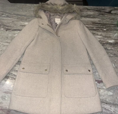 Chaqueta parka J Crew Vail marrón tostado mezcla de lana ribete de piel sintética con capucha para mujer 00 en muy buen estado Foto 1 de 4