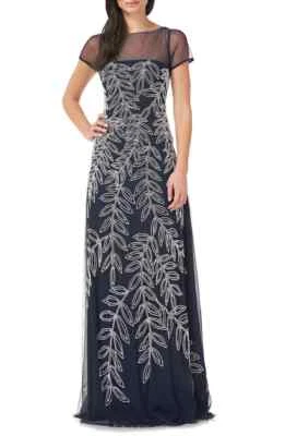 JS COLLECTIONS Beaded Illusion Neck Gown, Jewel neck, Cap sleeves Sz 2, $398 NWT - Image 1 of 4