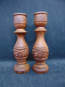 Vintage Hand-Carved Shesham Wood Candlesticks India Floral Engraving Set of 2 - Picture 1 of 7