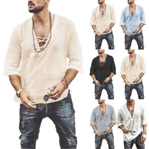 Men's Lace-Up V-Neck Henley Shirts Half Sleeve Tee Casual Hippie Tops Blouse _ - Picture 1 of 16