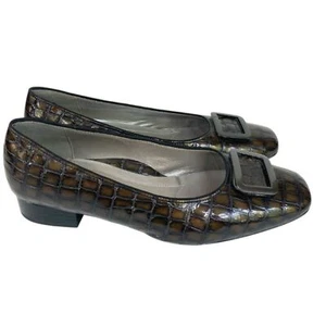Ara Croc Embossed Low Block Heel Flats with Buckle Detail 9 Brown Bronze - Picture 1 of 8