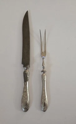 Antigua grúa Robert Klaas marca Alemania placa de plata tenedor y cuchillo tallado años 1800 Foto 1 de 4