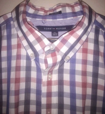 Tommy Hilifier - 2XL  dress Long Shirt -.Striped ,RED ,WHITE ,BLUE -80s- 2 Ply  - Image 1 of 4