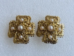 Vintage Johannes Perlen Kreuz goldfarbene Ohrclips #10 - Bild 1 von 12
