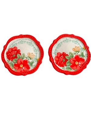 "Juego de 2 posavasos de 4"" con fondo de corcho rojo flores de gres Pioneer Woman usados en excelente estado rosa" Foto 1 de 2