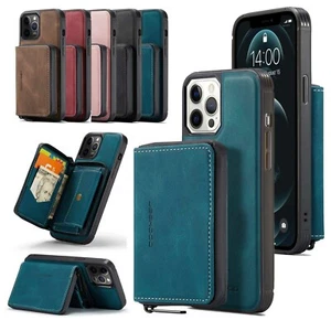 For iPhone 14 15 Pro Max 13 12 11 8 7+ Removable Leather Zipper Wallet Back Case - Picture 1 of 42