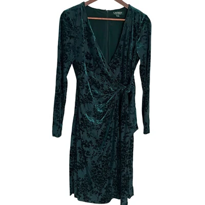 LRL Ralph Lauren Wrap Sheath Dress 6 Emerald Green Flocked Burnout Velvet Floral - Image 1 of 4